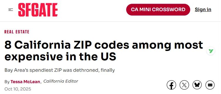 全美最贵邮编区出炉：加州8地跻身榜单前列！湾区这地不再占据榜首